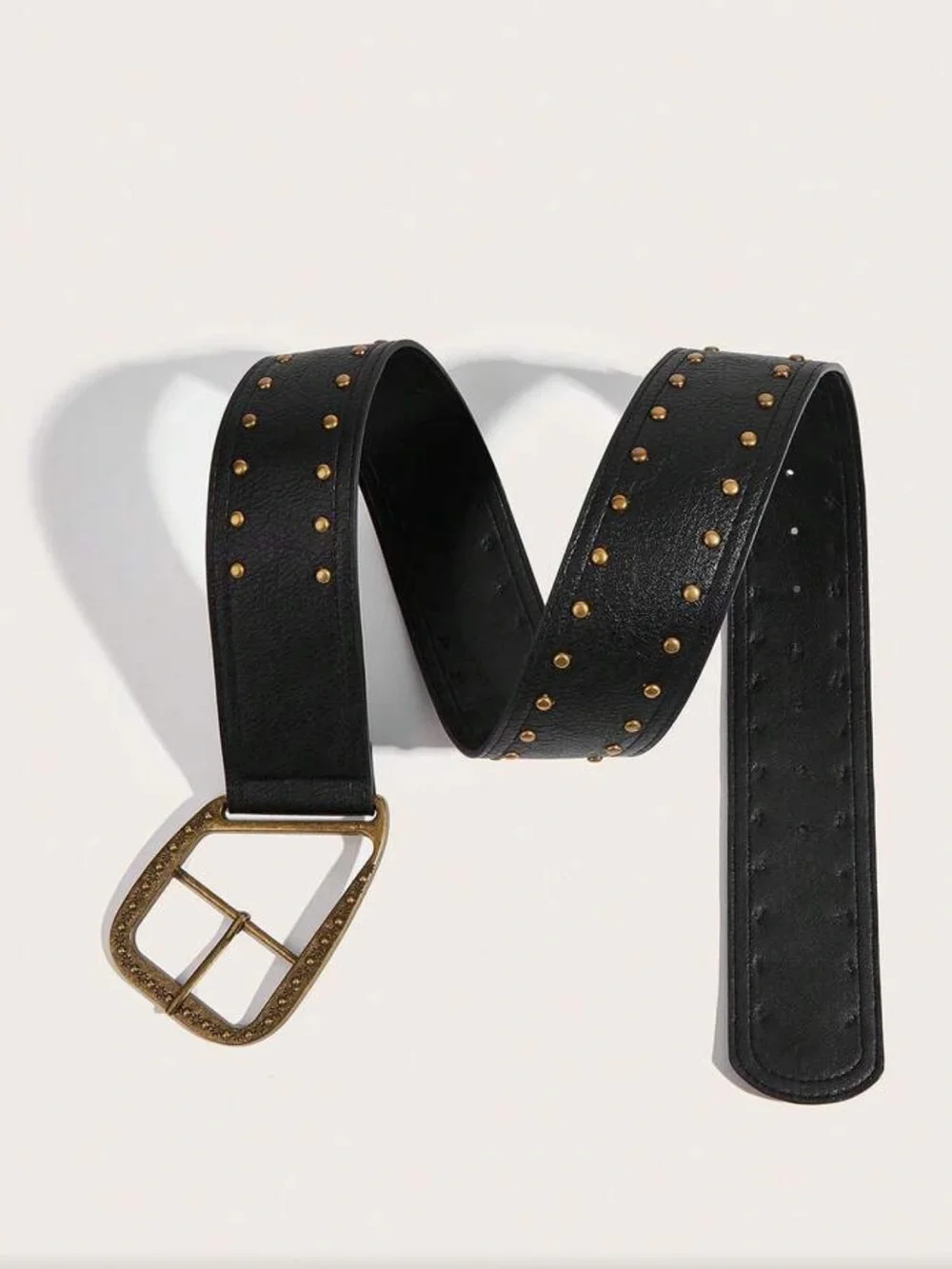 Black Studded Wide Leather Belt with Antique Gold Buckle